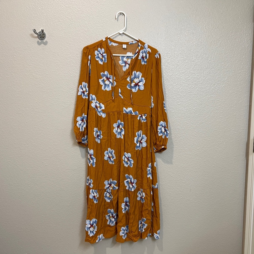 Old Navy Womens L Mustard Floral Maxi Dress Long Sleeve Empire Waist Boho